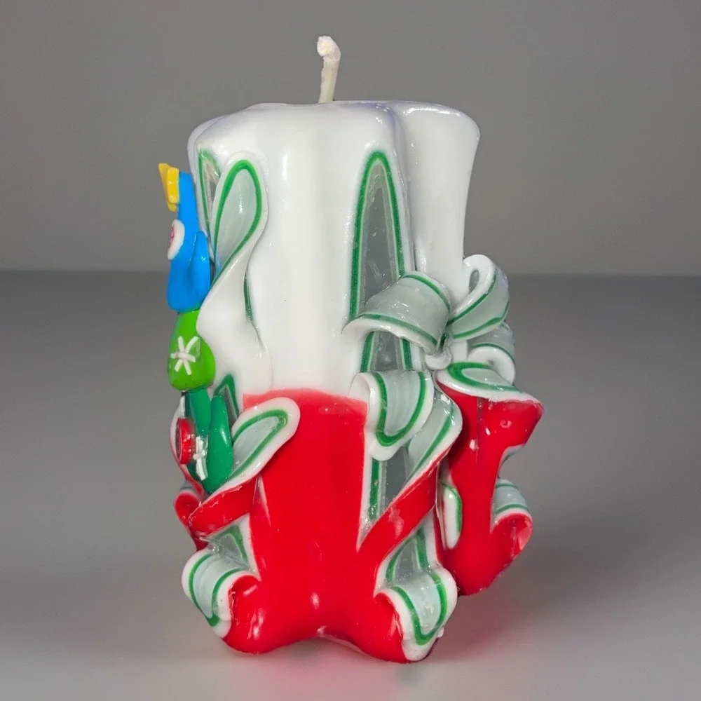 VTG Christmas Tree Hand‎ Carved Ribbon Wax Candle Designs Green Red White GID
